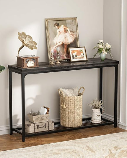 47" Console Table with Storage, 2 Tier Narrow Entryway Table, Sofa Table with Mesh Shelves, Console Tables for Living Room, Bedroom, Hallway, Entryway, Foyer, Oak Grey