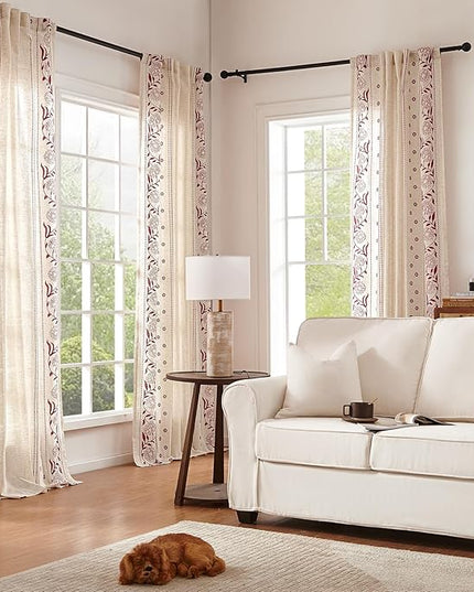jinchan Christmas Curtains for Bedroom 84 Inches Length Embroidered Bordered Floral Curtains for Living Room Farmhouse Decor Light Filtering Window Treatments Red on Beige Drapes 2 Panels