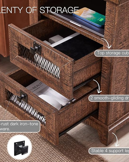Nightstand with Charging Station,OKD 18'' Industrial & Farmhouse End Table with 2 Drawers &Open Cubby, Rustic Mesh Drawer Sofa Side Table w/Storage for Bedroom, Living Room, Office, Reclaimed Barnwood