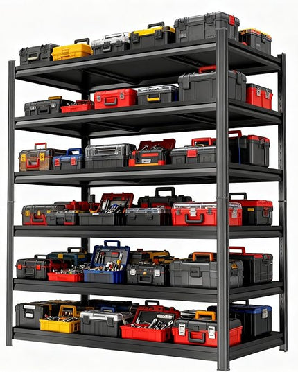 Storage Shelves, Garage Metal Shelving Unit, Adjustable, Double-Layer Column with Reinforced Ribs, Heavy-Duty, Capable of Bearing 600-3600 lbs (Black, 47''W*24''D*77''H, 6-Tier)