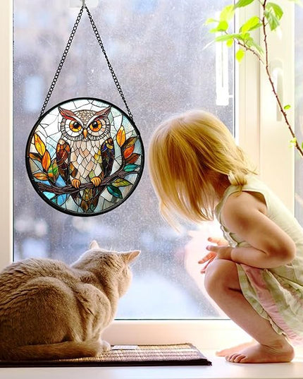 Stained Glass Window Hanging, Owl Colorful Leaves Birds Sun Catchers Diamond Glass Panel Hangings Suncatcher Decor for Birthday for Women, Men, Wife, Aunt, and Mom 7.8 in