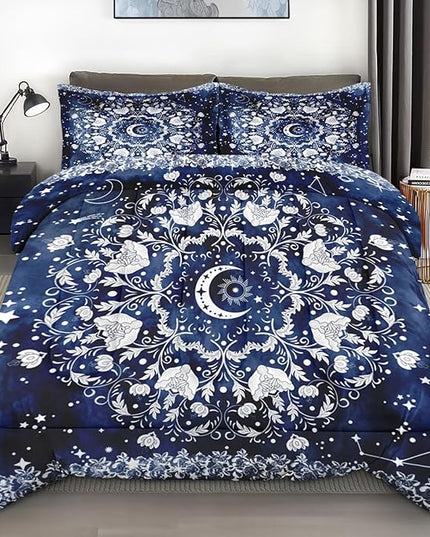 Comforter Set King Size, Astrology Sun Moon Soft 3 Pcs Bedding for Kids and Adults Blue Starry Flower Comforter Set with 2 Pillowcases for Bedroom Bed Decor