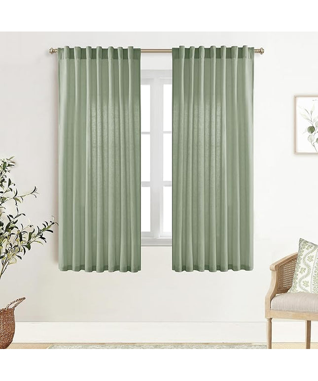 XTMYI Sage Green Sheer Curtains 63 Inch Length for Living Room,Boho Rod Pocket Light Filtering Linen Semi Transparent Bedroom Curtains Drapes 63 Inches Long 2 Panels Set for Bathroom Window Kitchen