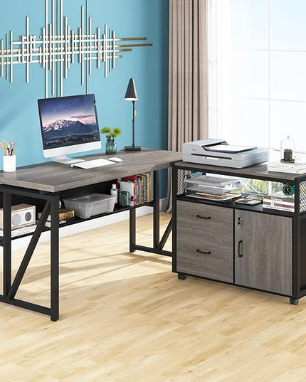 Tribesigns 55 inches Computer Desk with Bottom Storage Shelf Home Office Desk Writing Table for Workstation,Dark Walnut + Steel Leg， Cabinet not Included (Grey, 55-inch -with Shelf)