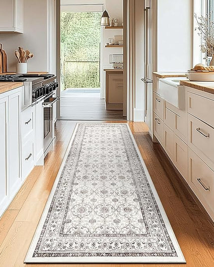 jinchan Hallway Runner Rug 2x10 - Machine Washable Beige Vintage Floral Distressed Design Soft Non-Slip Low-Pile Ultra-Thin Runner Rug for Kitchen Laundry Room Bedroom Farmhouse (2‘x10', Beige)