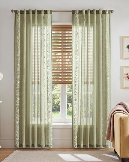 jinchan Winslow Sage Sheer Curtains 84 Inch for Bedroom Living Room Embroidered Bordered Floral Nursery Curtains for Playroom Dorm Light Filtering, Ivory on Sage, 2 Panels, 50W x 84L