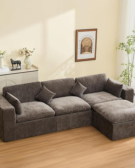 115''Cloud Boneless Sectional Couch, Modular Sectional Sofa Deep Seat with Ottoman, Oversized Upholstered Convertible Comfy 4 Seater Chenille Sofa L Shape Couches for Living Room, Brown