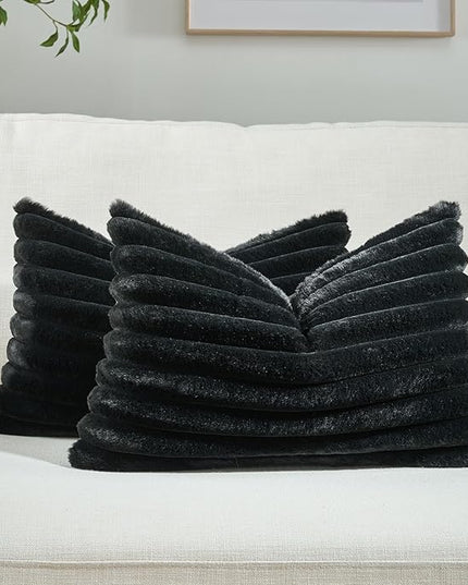 FUTEI Black Throw Pillow Covers Set of 2, 12x20 Inch Striped Texture Lumbar Pillow Cases with Soft Faux Rabbit Fur Front & Velvet Back, Modern Decorative Couch Pillows for Living Room