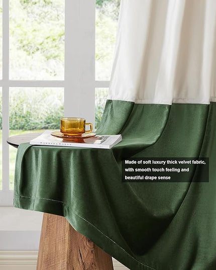 BULBUL Color Block Window Curtains Panels 120 inches Long Cream Ivory Green Velvet Farmhouse Drapes for Bedroom Living Room Darkening Treatment with Grommet Set of 2