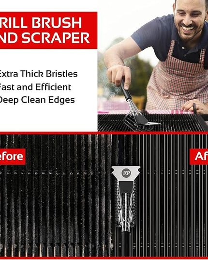 KITCHEN PERFECTION Safe Wire Grill Brush for Outdoor Grill w/Grill Scraper & Grill Mat Grill Cleaning Kit -Extended Handle BBQ Brush for Effortless Grill Cleaning Grill Cleaner Brush Barbecue Tools