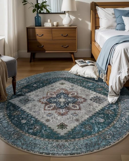 Ciicool Circle Boho Area Rug 4x4ft Round Washable Bedroom Non-Slip Vintage Entryway Throw Low-Pile Indoor Carpet for Living Room Foyer