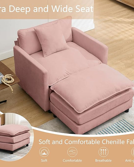 SZLIZCCC 56.3''D Oversized Chaise Lounge Chair Indoor, Comfy Chenille Upholstered Sofa Chair with Ottoman, Deep Seat Single Sofa Couch with 1 Pillow for Living Room (Pink, 56.3"- Single Seat)