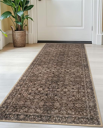 2x5 Washable Rug Rust Reddish Brown Small Area Rug for Entryway, Soft Non-Slip Indoor Door Mat Distressed Floral Low-Pile Kitchen Rugs, Neutral Vintage Carpet for Entrance Bedside Farmhouse