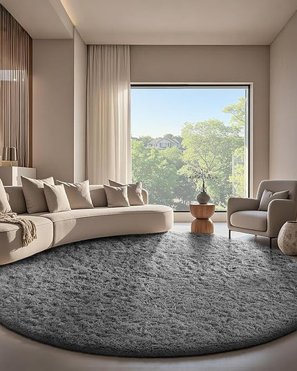 Ophanie Round Rug 7Ft Grey Circle Area Rugs, Large Fluffy Fuzzy Living Room Carpet 7 foot, Plush Shag Solid indoor Floor Gray Bedroom Christmas Circular Aesthetic Decor for Kids Teen Boys Baby,Nursery