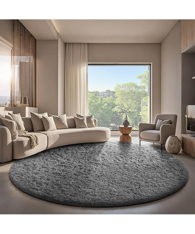 Ophanie Round Rug 7Ft Grey Circle Area Rugs, Large Fluffy Fuzzy Living Room Carpet 7 foot, Plush Shag Solid indoor Floor Gray Bedroom Christmas Circular Aesthetic Decor for Kids Teen Boys Baby,Nursery