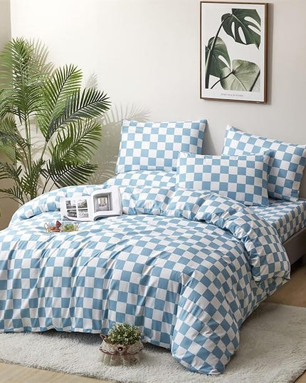 Houseri Light Blue Plaid Comforter Set California King, 3 Piece Lightweight Aqua Blue White Grid Checkerboard Bedding Cal King Size, All Season Luxury Baby Blue Buffalo Checkered Bed Sets Cali King