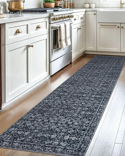 2x8 Washable Runner Rug for Hallways, Black Soft Classic Kitchen Rugs with Non-Slip, Non-Shedding Distressed Floral Carpet for Hallways Entryway Bedroom Bathroom Laundry Indoor