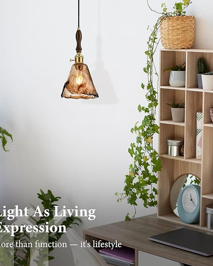 Modern Amber Glass Pendant Light, 6"x11.5" Floral Bell-Shaped Hanging Light with Wood Handle & Brass Cap, 15"-72" Adjustable Line, E26 Socket – Golden Amber Morning Glory
