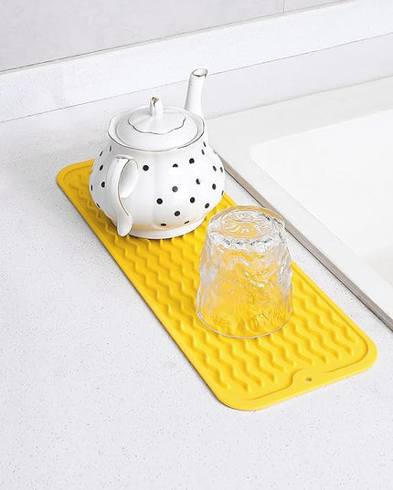 Silicone Dish Drying Mat for Multiple Usage,Easy clean,Eco-friendly,Heat-resistant Silicone Mat for Kitchen Counter,Sink,Bar,Bottle,or Cup Yellow M 17 inches x 6 inches