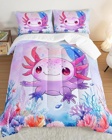 Cute Axolotl Bedding Set Full Size,Pink Axolotl Waterweed Pattern Toddler Bed Comforter Set,Kawaii Sea Life Bedding Sets for Kids Boys Girls Room Decoration with 2 Pillowcases.