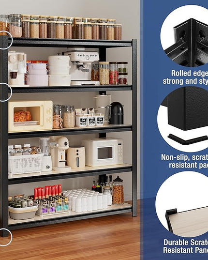 WORKPRO House 5-Tier Shelving Unit, Adjustable Heavy Duty Storage Shelves, Wood Grain Pattern, Waterproof Board, 3000lbs Boltless Shelving for Kitchen, Living Room, Garage, 48"W x 24"D x 72"H, Black