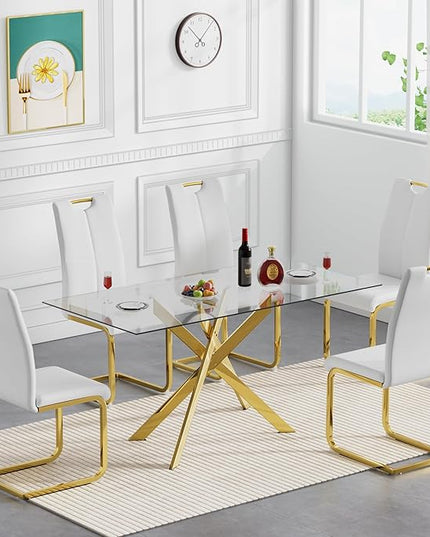 7 Piece Glass Dining Table Set, Gold Glass Kitchen Dining Room Table Set for 6, Modern 51" Rectangular Glass Metal Dining Table with 6 White Leather Dining Chairs for Kitchen Dining Room