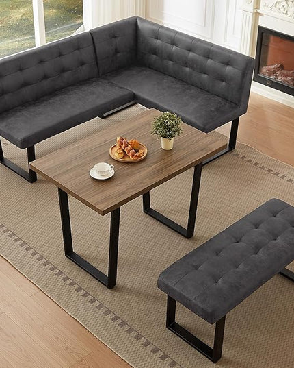 3-Piece Corner Dining Table Set with Bench, 70 Inch Space-Saving Breakfast Nook for Kitchen & Dining Room(Walnut Table & L-Seat Grey Bench)