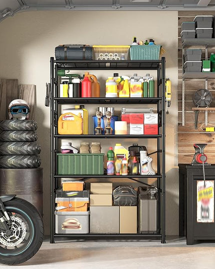 Storage Shelves 5-Tier Large Capacity Metal Shelving with Hooks, Heavy Duty Garage Shelving Unit with Leveling Feet, Stable Metal Shelves for Pantry, Kitchen and Closet, 72" H x 36" W x 12" D, Black