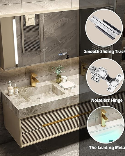 Golden Bathroom Vanity - 40IN Modern Luxurious Bathroom Vanity with Sink with Smart LED Defogging Mirror & Metal Elements & Hidden Handle | Unique Striped Design & Large Capacity Storage Space