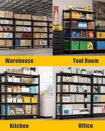 5-Tier Metal Storage Shelves: Heavy Duty Garage Shelving Adjustable Shelves for Storage - Black Utility Rack Shelf for Pantry, Warehouse, Closet, Office, Kitchen, 28" W x 12" D x 59" H