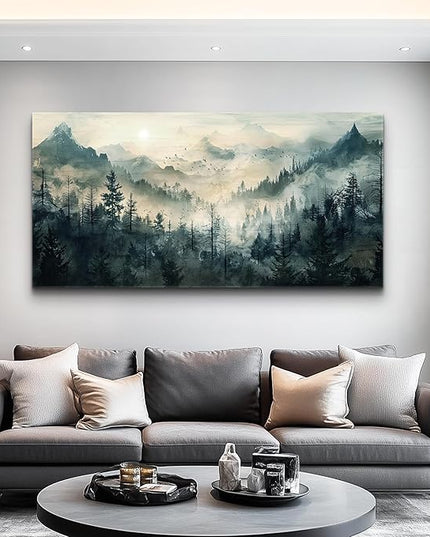 KELIYUAN Misty Forest Wall Art Home Decor Mountain View Large Canvas Wall Painting Nature Landscape Painting For Living Room Bedroom Office Modern Printed Artwork Can Be Hung Directly 24x48 Inches