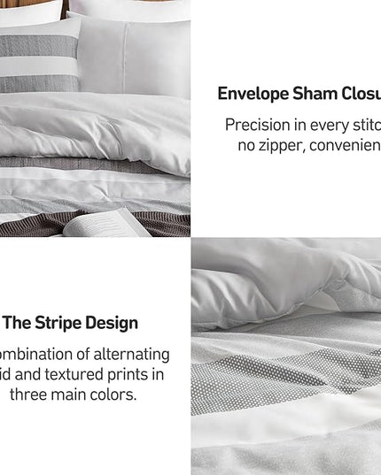 Queen Comforter Set, 3 Pieces Striped Bed Set, Soft Brushed Microfiber Reversible Bedding Set for All Season, Lightweight & Breathable Bedding Set with Comforter & Shams, Black/Grey