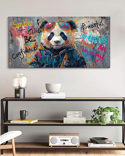 JEAWA Large Canvas Wall Art, Black and White Panda Abstract Graffiti Street Art Pop Modern Paintings Ready to Hang Living Room Bedroom Study Office Inspirational Picture Home Decor 24x48 IN