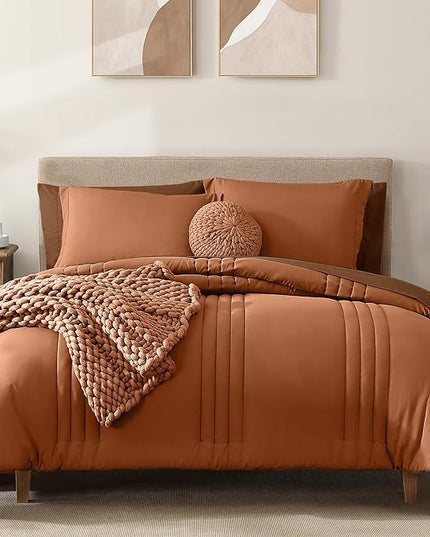 Monbix Full Comforter Set - 7 Pieces Burnt Orange Bed in a Bag Full Size Bedding Sets with Comforters, All Seasons Down Alternative Comforter with Sheets,Pillowcases & Shams