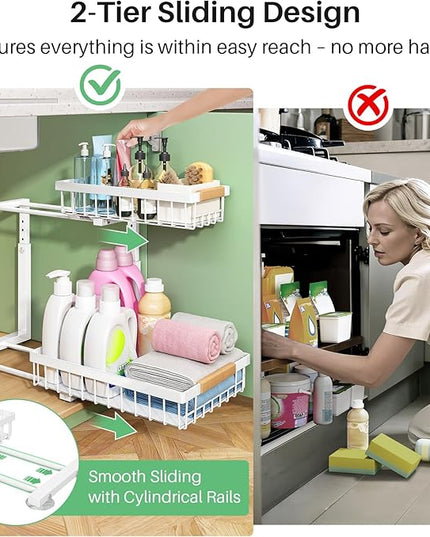 Pull out Cabinet Organizer, 1 Pack Under Sink Organizer, Slide out Metal Kitchen Cabinet Organizers Drawer Shelf, Sliding Storage Shelves for Kitchen Bathroom Pantry Closet Organization Rack(White)