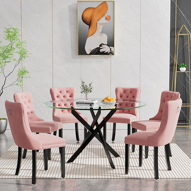 HomVent 7 Piece Round Glass Dining Table Set, Tempered Glass Dinner Table Set for 6 Kitchen Table Set with 6 Velvet Upholstered Chairs for Kitchen Dining Room
