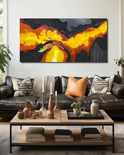 Abstract Lava Flow Canvas Wall Art for Living Room, Black and Gold Yellow Wall-Decor for Bedroom, Modern Textured Volcanic Landscape Paintings for Hallway Office, Size 58x29 Inches Hand Painted
