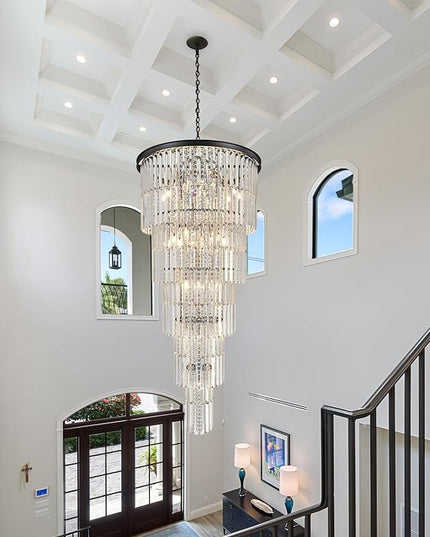 Luxury Modern Black Staircase Chandelier, Large 37-Light Foyer Pendant Lighting for High Ceilings, Long Entryway and Stairwell Chandelier Fixture