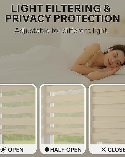 Shadesu Cordless Zebra Blinds for Windows, 88" W x 72" H, Cream, Dual Layer Free-Stop Zebra Shades, Light Control for Day and Night, Sheer Blinds for Indoor Windows, Bedroom, Kitchen