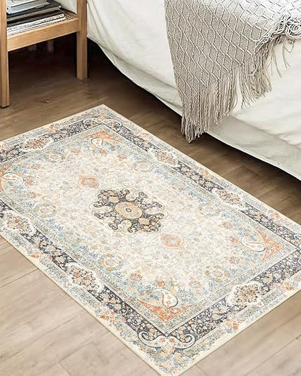 Small Rugs 2x3,Vintage Rug for Entryway Bathroom Bedroom Kitchen Entrance Doormat,Boho Bohemian Distressed Washable Accent Floor Throw Carpet Non Slip,Retro Blue Grey Floral