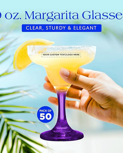 DISCOUNT PROMOS 50 Margarita Glasses Set, 9 oz. - Personalized Text, Logo - Classic, Smooth, Barware, Glassware - Purple