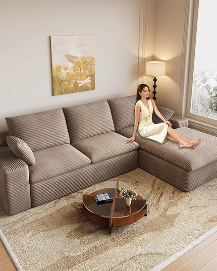 107" Cloud Couch Modular Sectional Sofa for Living Room, L-Shape Boneless Couch with Deep Seat, Modern Corduroy 3-Seater, No Assembly Required (Camel,Right-Facing Chaise)