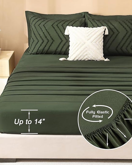 Litanika King Size Comforter Set with Sheets Dark Olive Green - 7 Pieces Bed in a Bag King Chevron Tufted Complete Bedding Sets with Comforter, Sheets, Pillowcases & Shams