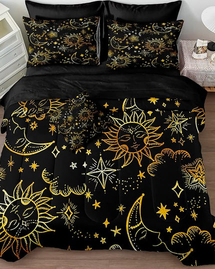 Merryword 8 Pcs Universe Bed in a Bag Sun and Moon Comforter Set California King Size Galaxy Bedding Black Gold Moon Star Pattern Bohemian Gothic Comforter Set