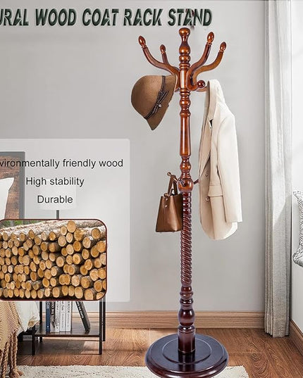 73" Wooden Coat Rack Stand,Coat Racks Freestanding With 11 Hooks And Solid Round Base Heavy Duty Adjustable Height Hall Tree Coat Rack for Entryway Hallway Foyer Office Bedroomf (Antique Color)