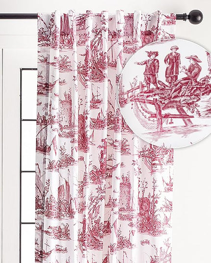 Maison d' Hermine Curtains for Living Room 100% Cotton 96 inch Length One Panel Light Filtering Toile Curtains for Bedroom with Rod and Loop Pockets (Calais Red (White Background), 50" W x 96" L)