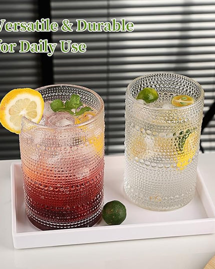 Hobnail Drinking Glasses Set of 2, 16 Oz Vintage Embossed Glass Cup Water Glasses Kitchen Glassware for Cocktails, Beer, Juice, Whiskey