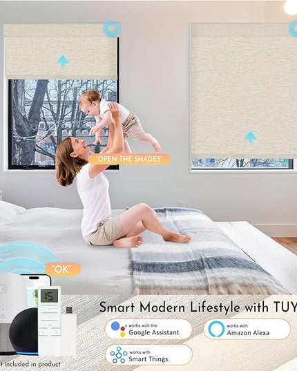 Persilux Smart Motorized Blinds with Remote, No Drill Automatic Roller Shades for Indoor Windows, Blackout Linen Fabric, Electric Blinds for Windows, Linen Cream C156BO-1, Custom Size