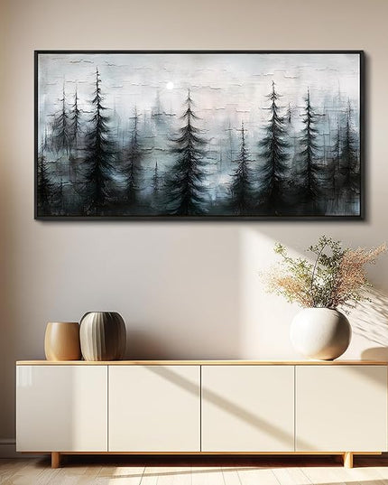 XIGUANGART Black Framed Canvas Wall Art Misty Forest Landscape Pictures Nature Farmhouse Abstract Watercolour Painting Wall Decor Living Room, Bedroom Bathroom Home Office Mural Decorations Artwork