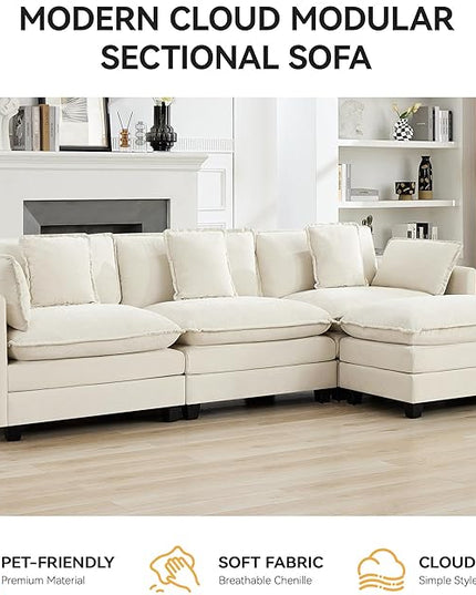 111'' Sectional Cloud Deep Seat Couch, Modern Comfy Chenille L Shaped Sectional Sofa for Living Room Set, Upholstered Modular 4-Seats Sofa Couch with Movable Ottoman, Beige